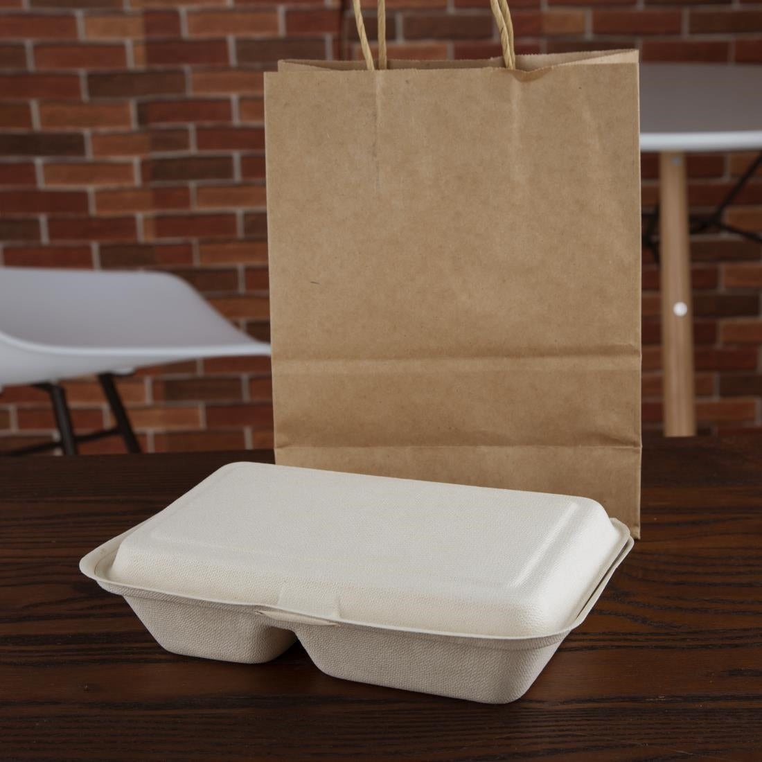 Fiesta Compostable Bagasse Two-Compartment Hinged Food Containers Natural Colour 253mm (Pack of 200) - FC541
