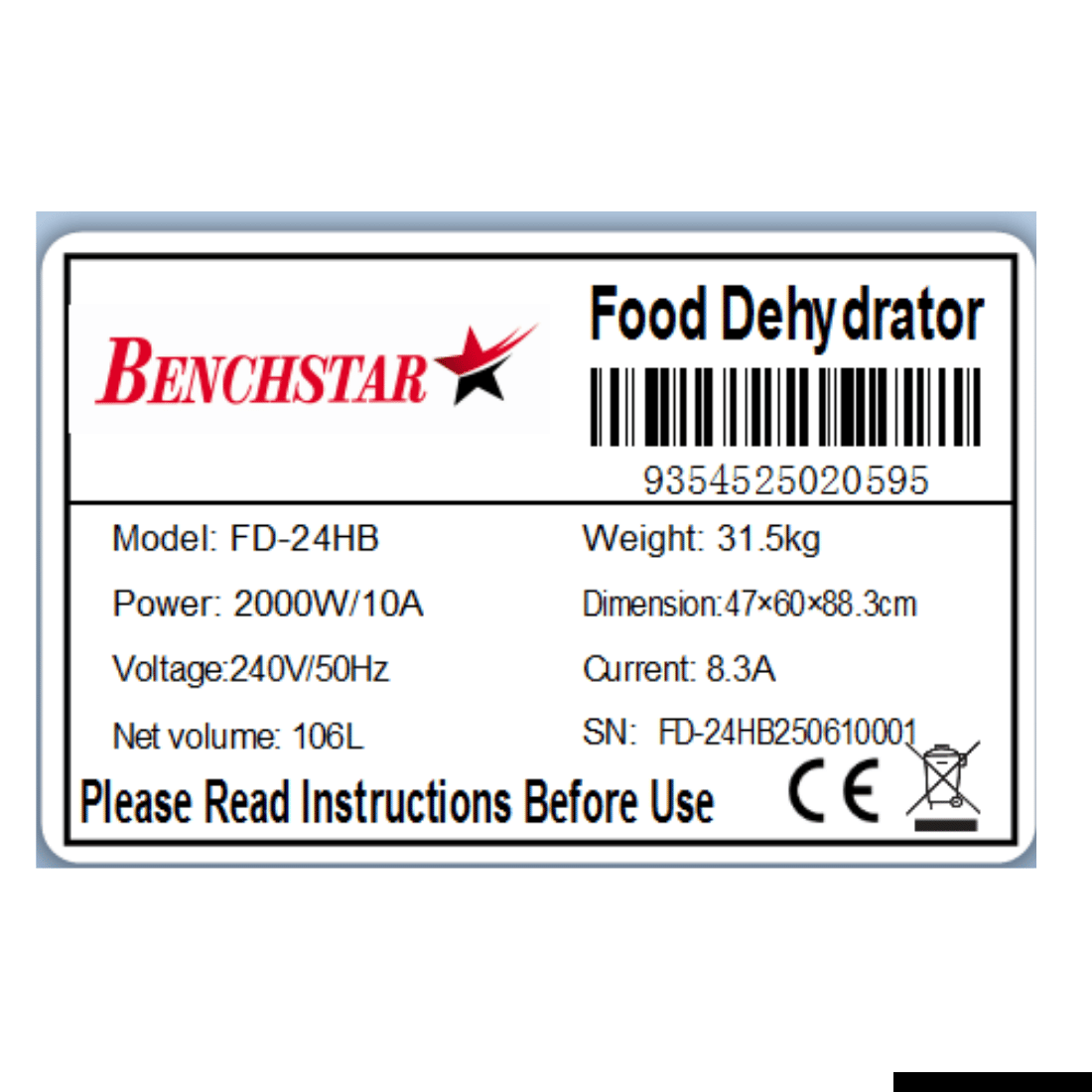 Benchstar Food Dehydrator with 24 trays - FD-24HB