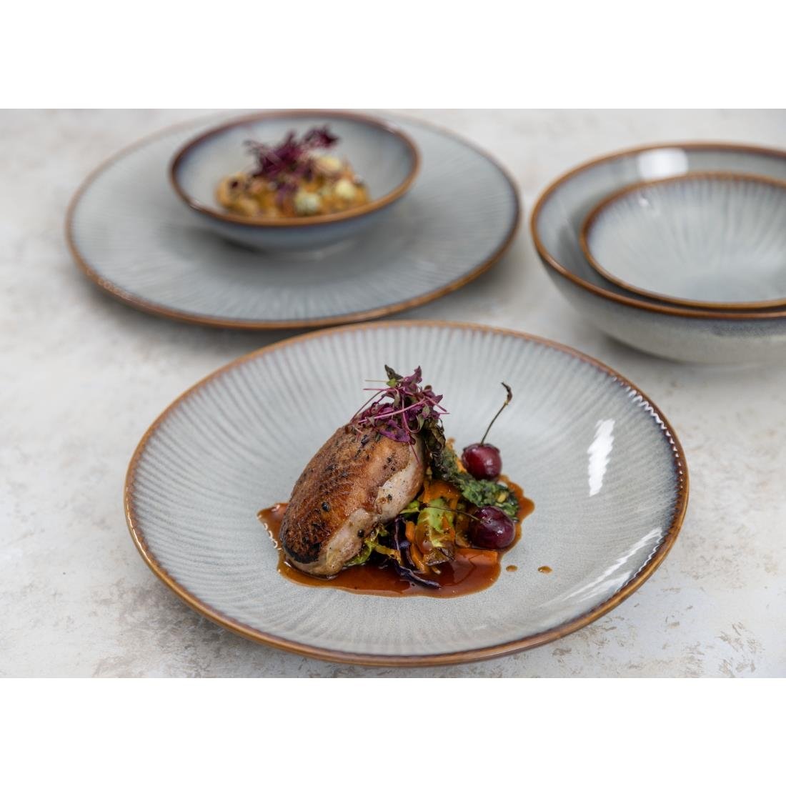 Olympia Drift Grey Embossed Coupe Low Bowls 260mm (4 Pack) - FU197