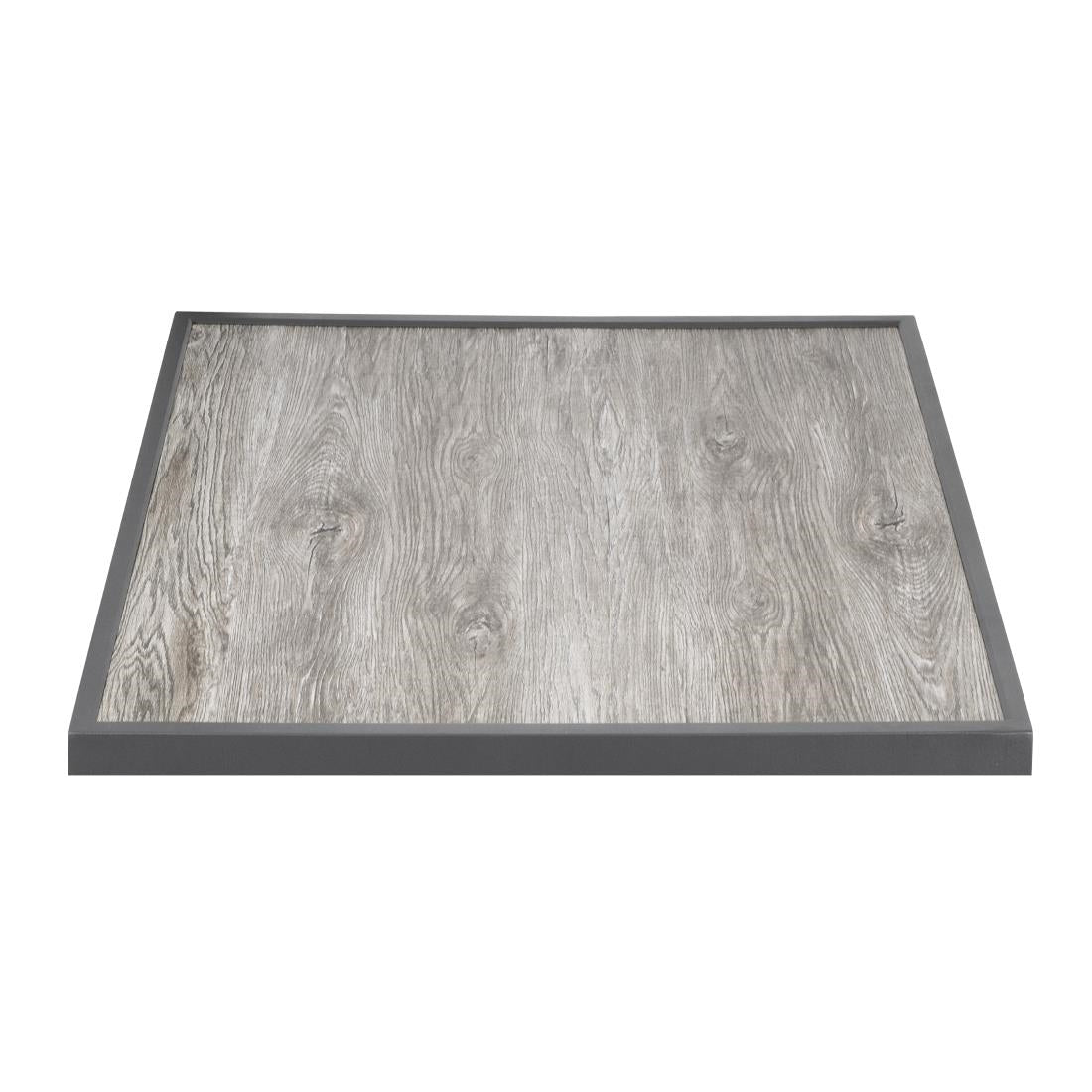Bolero Wood Grain Effect Outdoor Tempered Glass Table Top Grey Trim 700mm - FU515