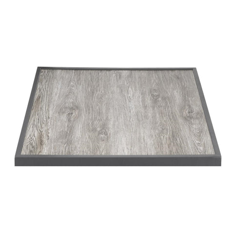 Bolero Wood Grain Effect Outdoor Tempered Glass Table Top Grey Trim 700mm - FU515
