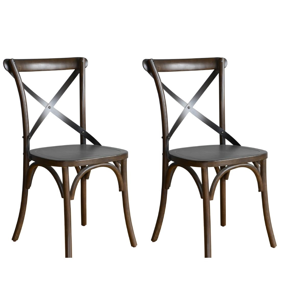 Bolero Wooden Dining Chair with Metal Cross Backrest Walnut Finish (2 Pack) - GG658