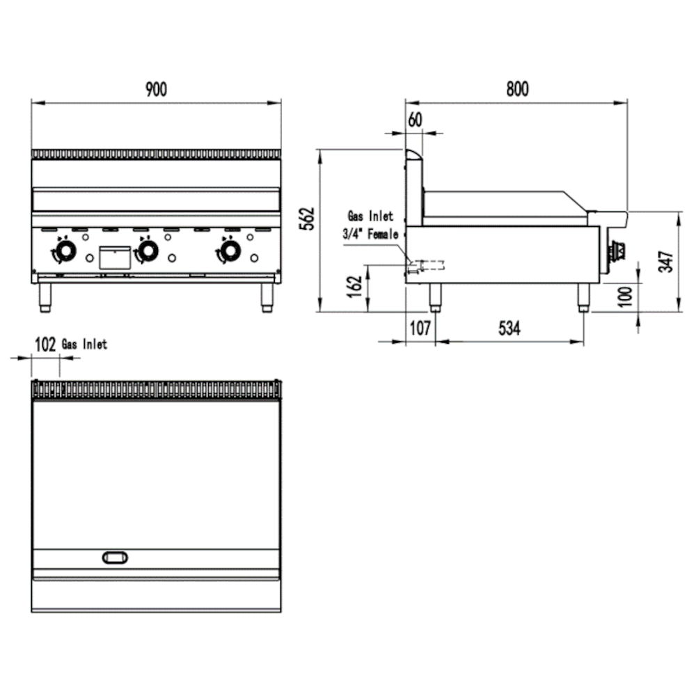 CookRite Three Burner Flat Griddle/Hotplate - 900MM WIDTH - Natural Gas