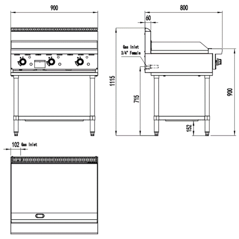 CookRite Three Burner Flat Griddle/Hotplate - 900MM WIDTH - Natural Gas