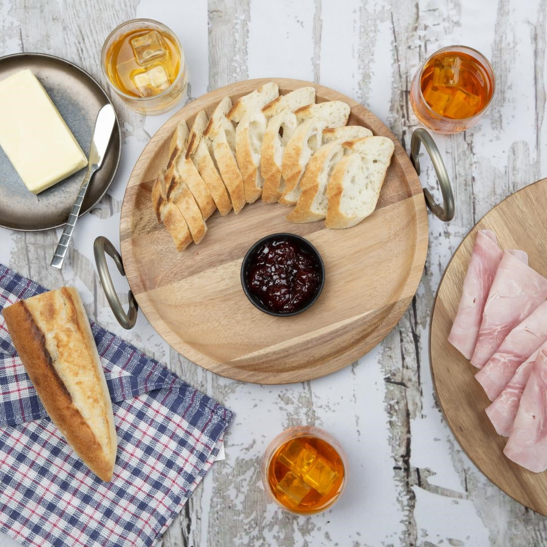 Olympia Round Dish Acacia Wood Metal Handles 345x305x80mm - HX388