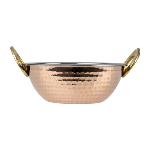 Olympia Copper Kadai Dish Stainless Steel Brass Handles 400ml - HY128