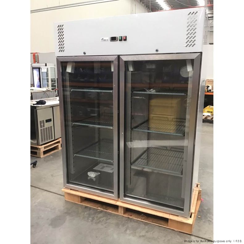 Ex-showroom: FED-X S/S Two Full Glass Door Upright Fridge XURC1410G2V-NSW1693