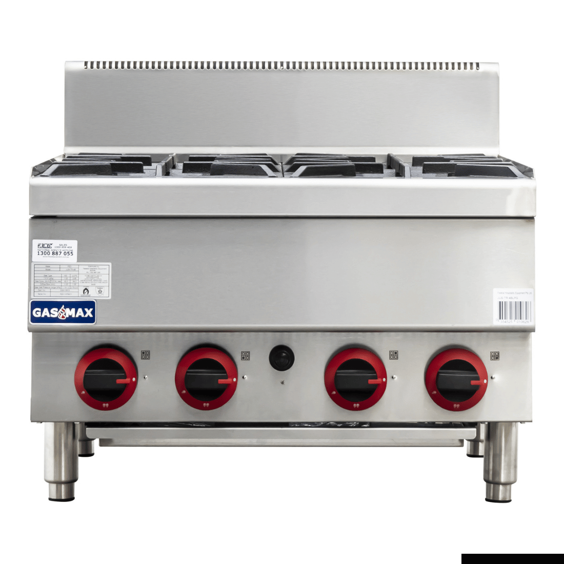 GasMax JUS-TR-4B Benchtop 4 Burner Cooktop w/ Splashback - Natural Gas/LPG