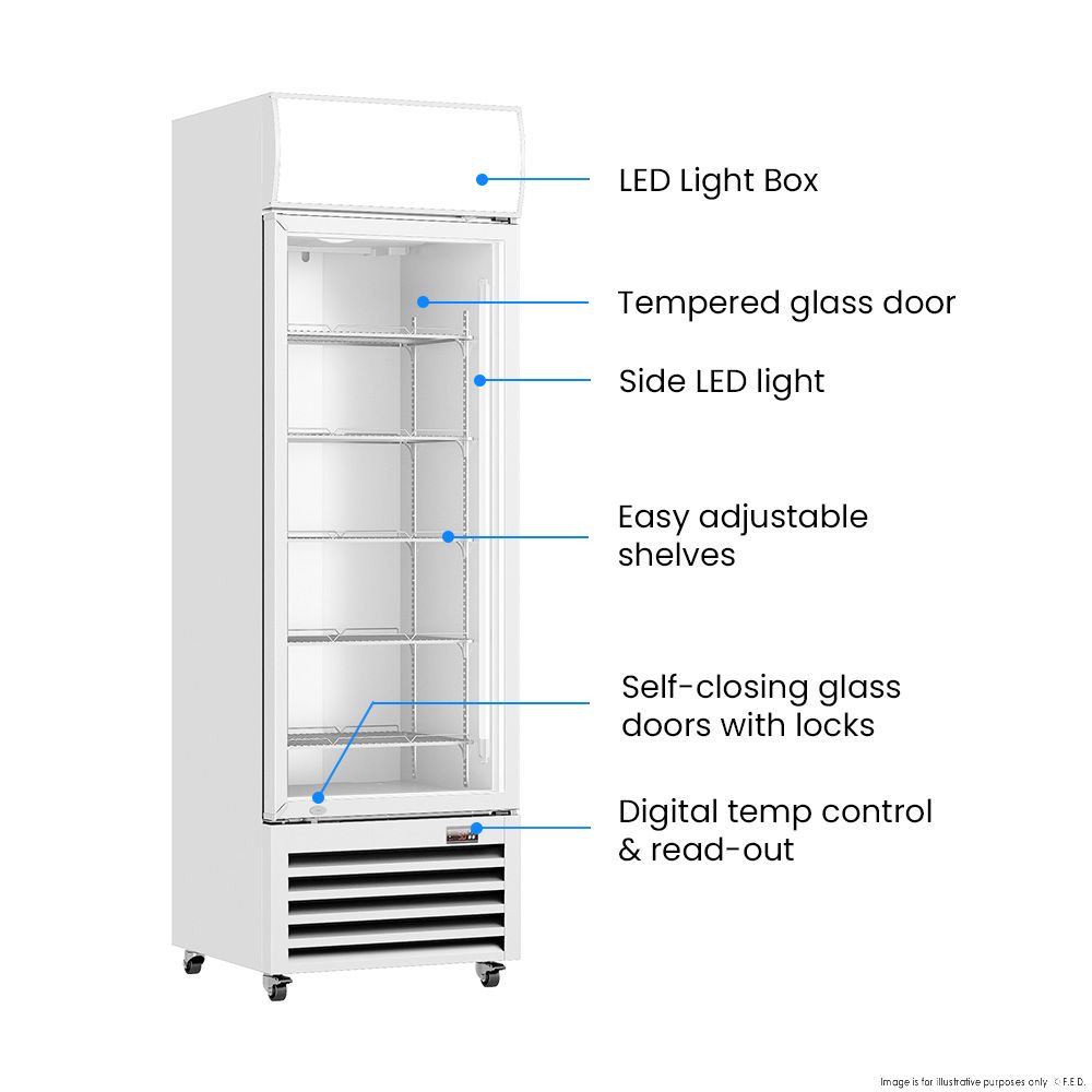 Thermaster 540L Single Glass Door Colourbond Upright Drink Fridge White LG-540P