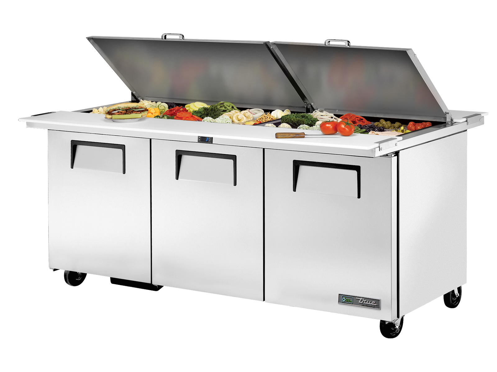 TRUE 3 Dual Sided Mega-Top Solid Door Sandwich/Salad Unit - TSSU-72-30M-B-DS-ST-HC