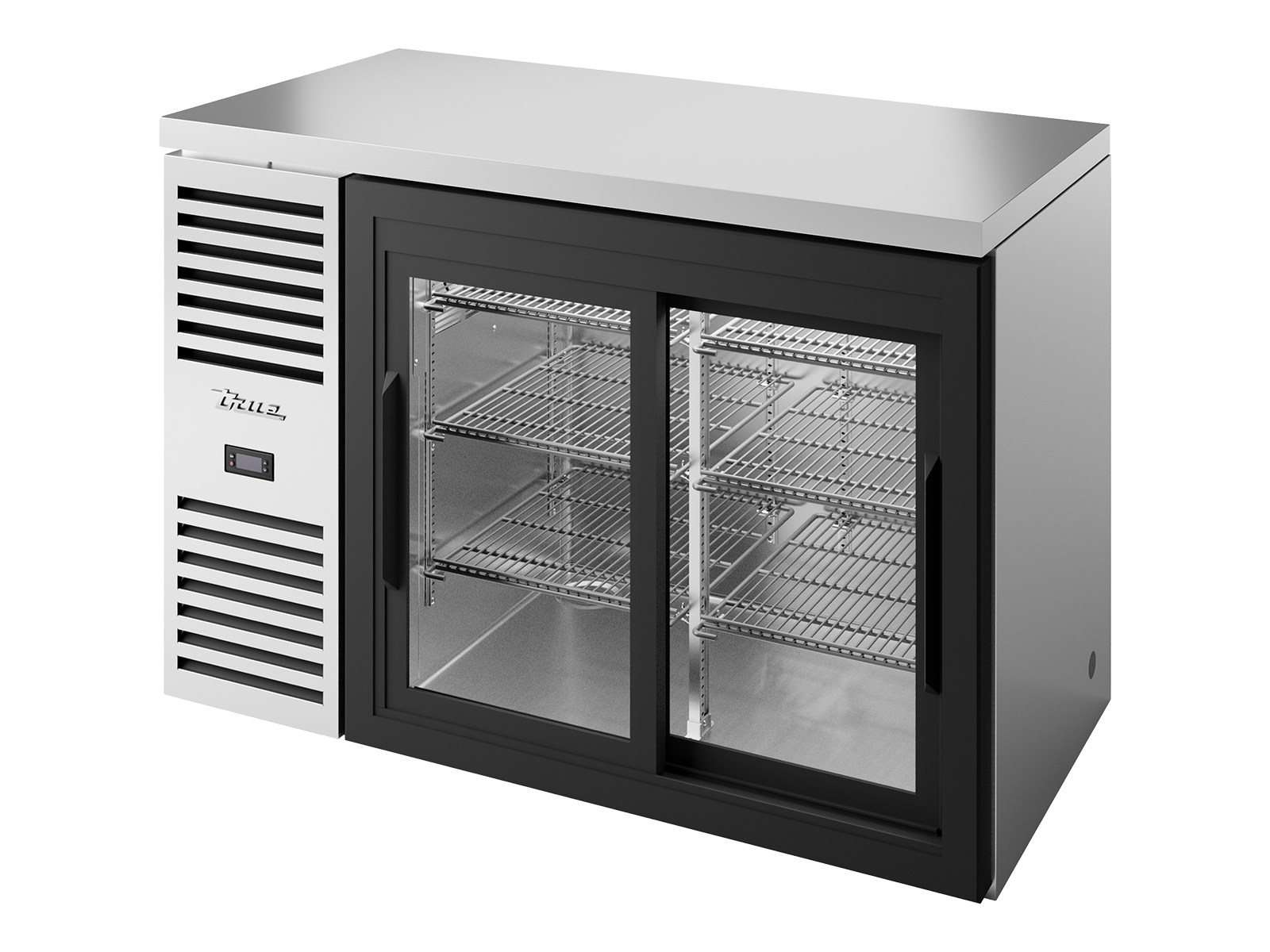 TRUE Reach-In Single Zone 2 Glass Sliding Door Undercounter Refrigerator 1200mm Width - Stainless - TBR48-RISZ1-L-S-11-2