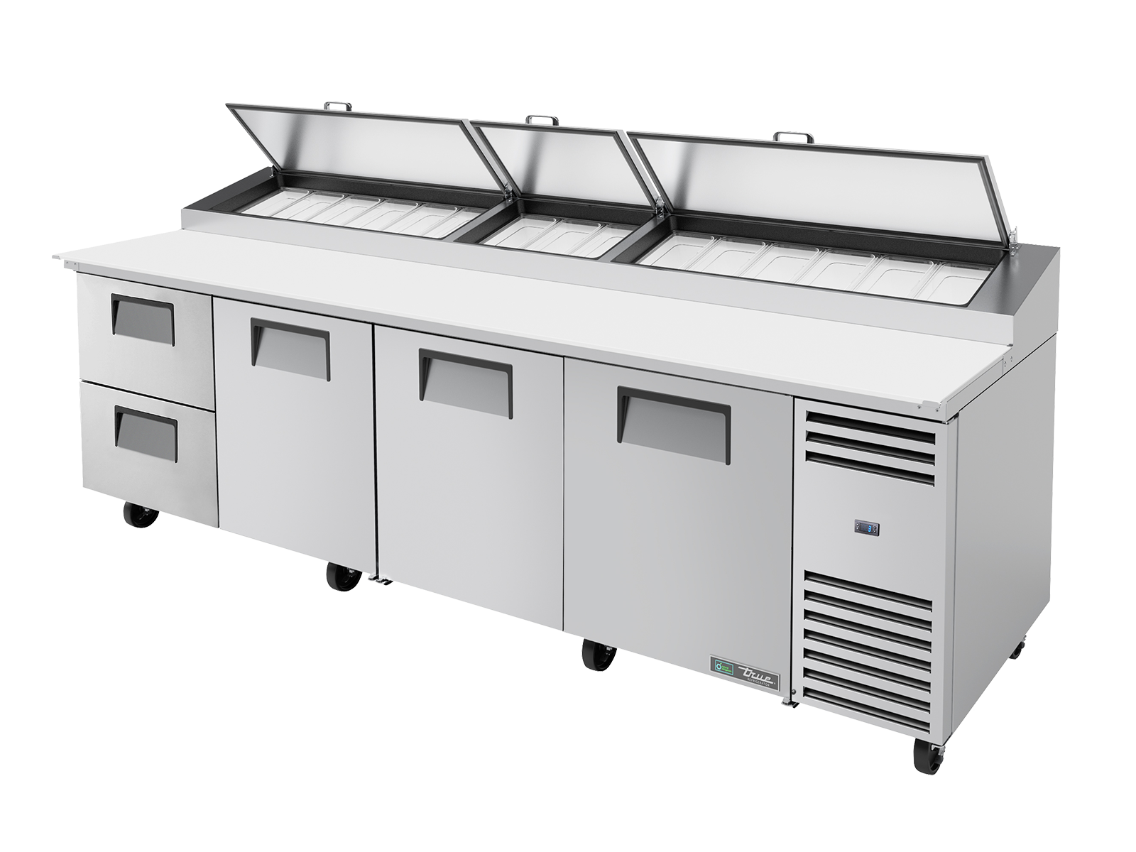 TRUE 3 Solid Door & 2 Drawer Pizza Prep Table with Angled Top - TPP-AT-119D-2-HC