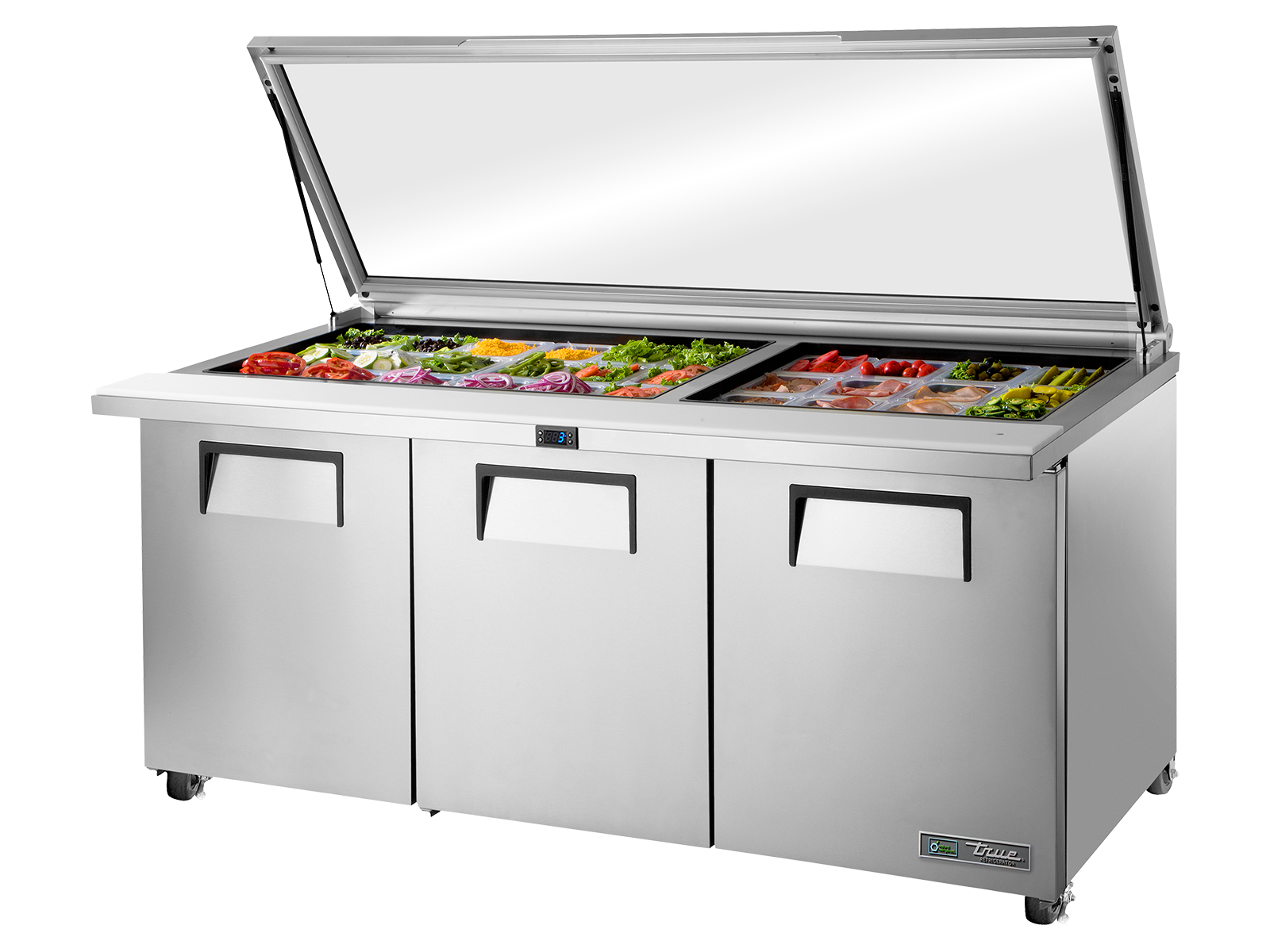 TRUE 3 Mega-Top Solid Door Sandwich/Salad Fridge with Flat Glass Lid - TSSU-72-30M-B-ST-FGLID-HC