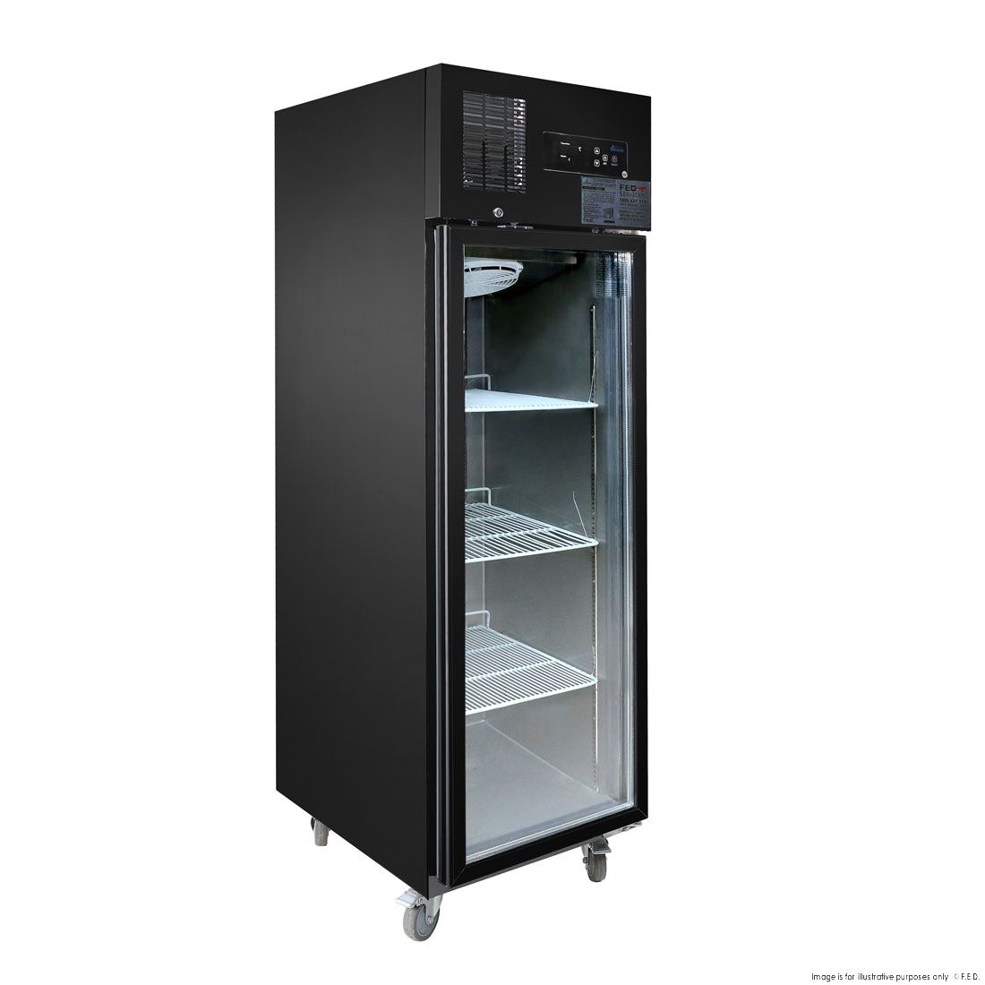 Thermaster Single Glass Door Upright Fridge Black Stainless Steel SUCG500B