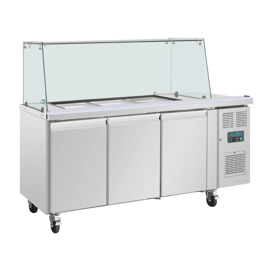 Polar U-Series GN Saladette Counter with Square Sneeze Guard 3 Door