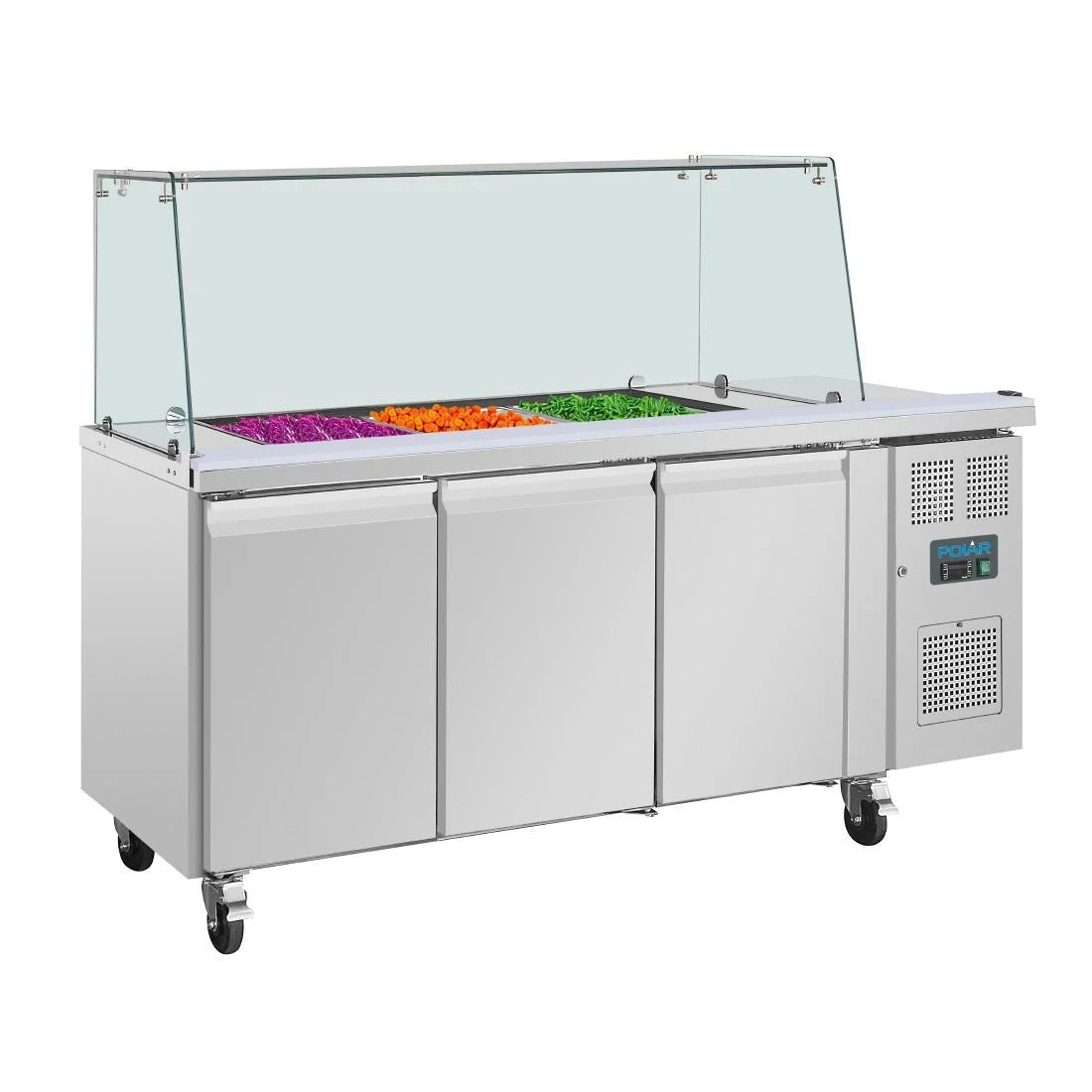 Polar U-Series GN Saladette Counter with Square Sneeze Guard 3 Door