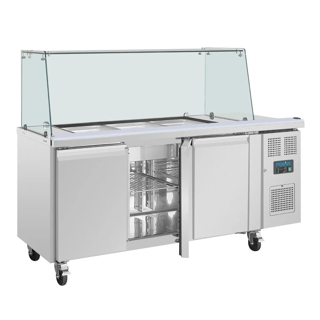 Polar U-Series GN Saladette Counter with Square Sneeze Guard 3 Door