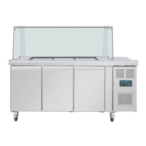 Polar U-Series GN Saladette Counter with Square Sneeze Guard 3 Door