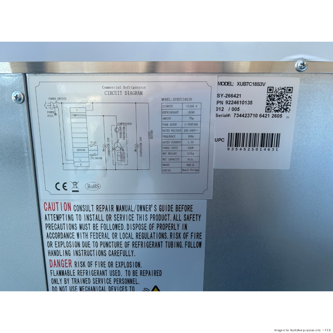 CLEARANCE - FED-X S/S Three Door Bench Fridge - XUB7C18S3V-QLD119