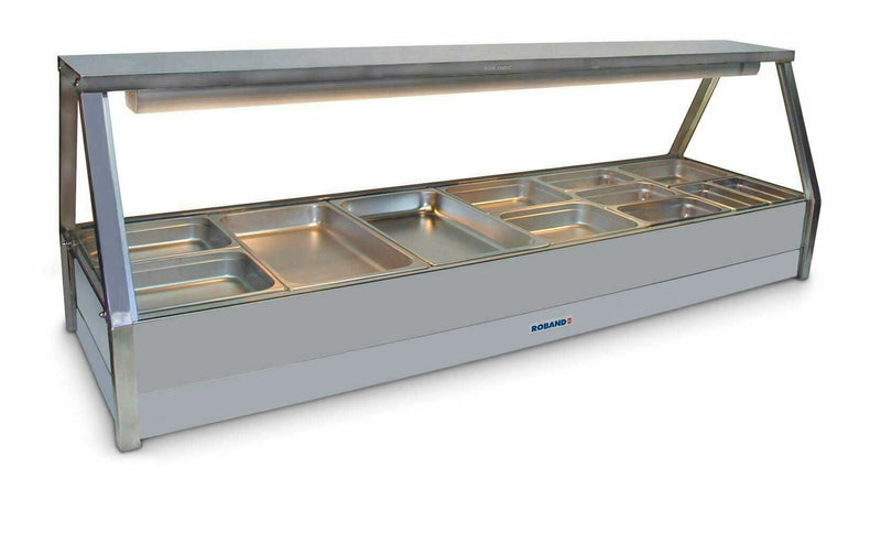 Roband Straight Glass Hot Food Display Bar, 12 pans double row with roller door