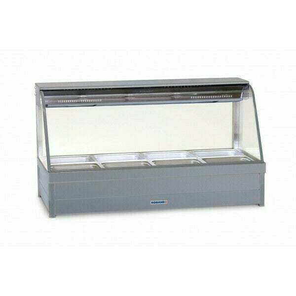 Roband Curved Glass Hot Food Display Bar, 8 pans double row with roller doors