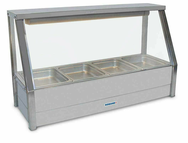 Roband Straight Glass Hot Food Display Bar, 4 pans single row with roller doors
