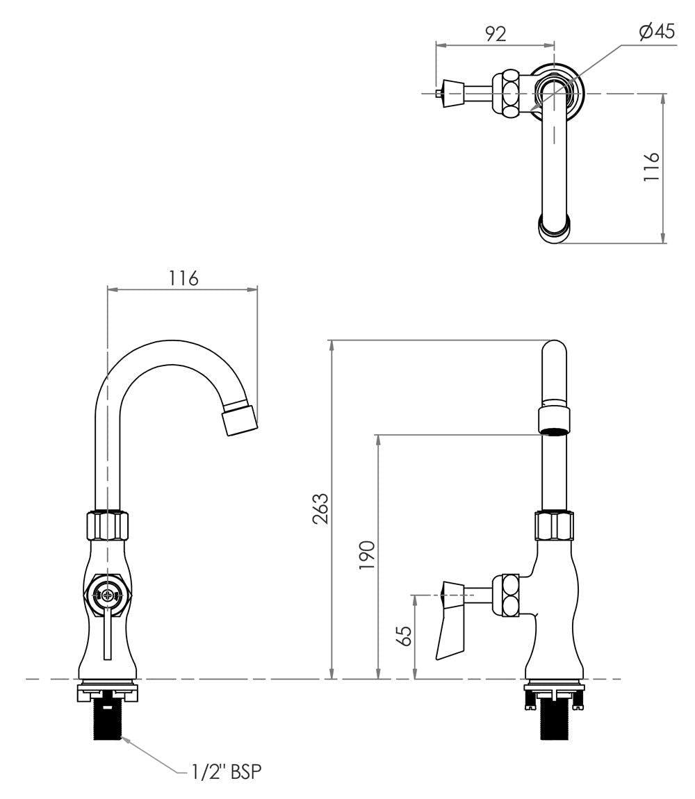 3Monkeez Stainless Steel Single Hob Mount Body with Single Control and 12" Gooseneck Spout