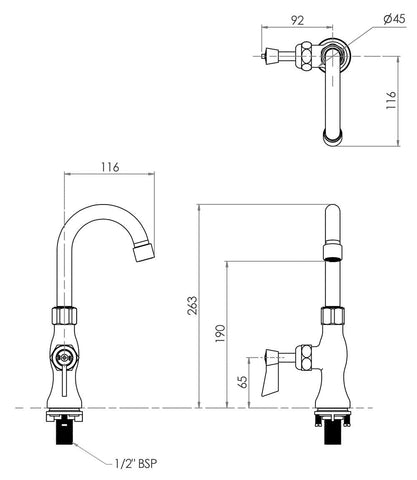 3Monkeez Stainless Steel Single Hob Mount Body with Single Control and 12" Gooseneck Spout