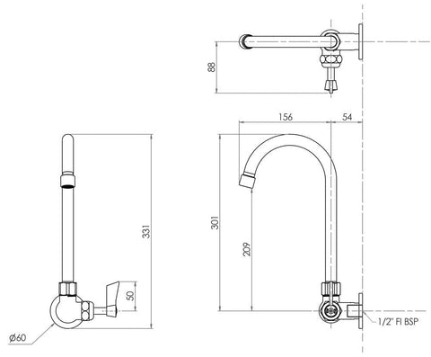 3Monkeez Stainless Steel Single Wall Mount Body with Single Control and 12" Gooseneck Swivel Spout