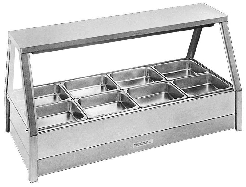 Roband Straight Glass Hot Food Display Bar, 8 pans double row with roller doors