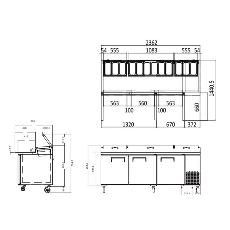 AG 3 Door Saladette Fridge Fits 12 x 1/3 GN Trays