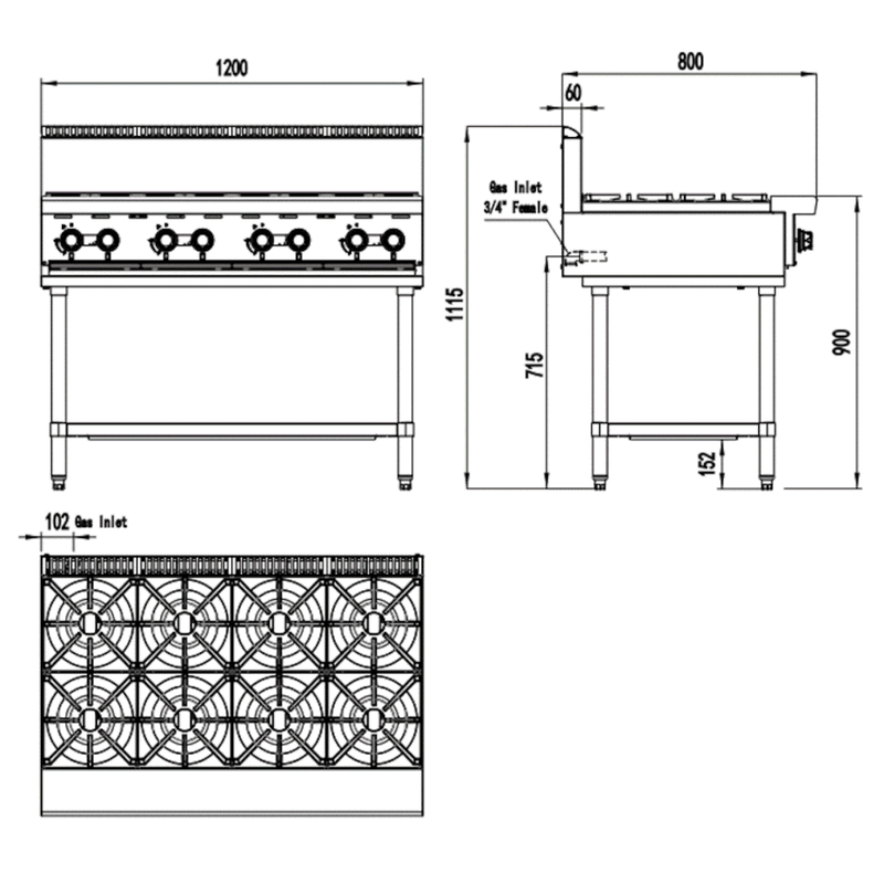AG Eight Burner Gas Cooktop Hob - 1200mm width - Natural Gas