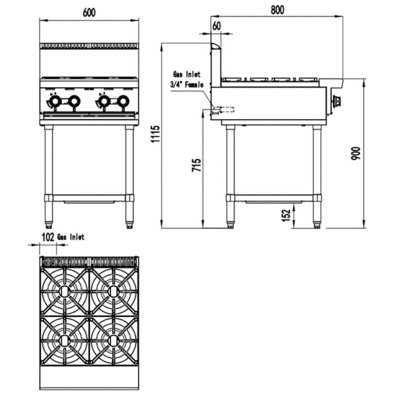 AG Four Burner Gas Cooktop Hob - 600mm width - Natural Gas