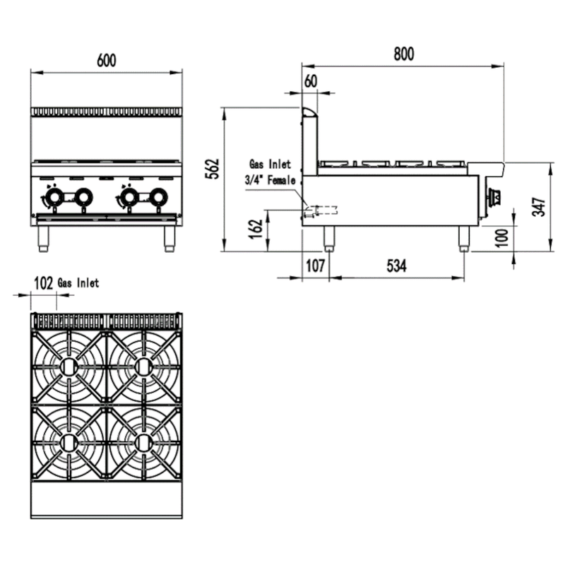 AG Four Burner Gas Cooktop Hob - 600mm width - Natural Gas