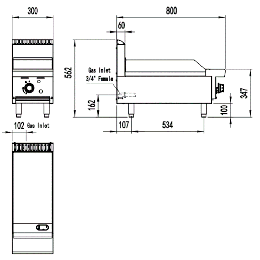 AG Single Burner Commercial Flat Griddle/Hotplate - 300MM WIDTH - LPG