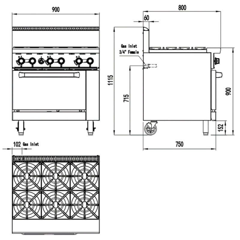 AG Six Burner Gas Cooktop Range with Oven - 900mm width - LPG