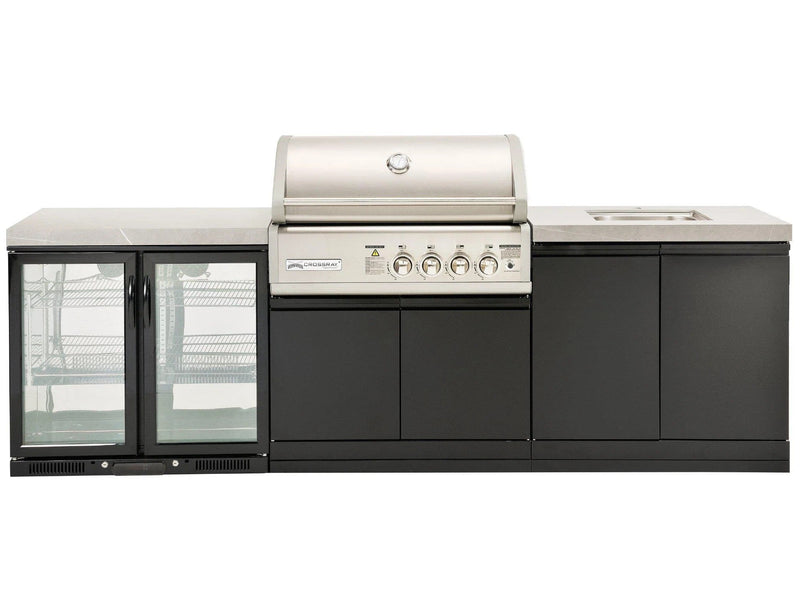 Crossray BBQ & Double Side Cabinet with 1 x Flat Bench Tops, 1 x Underbench Sink & Double Fridge