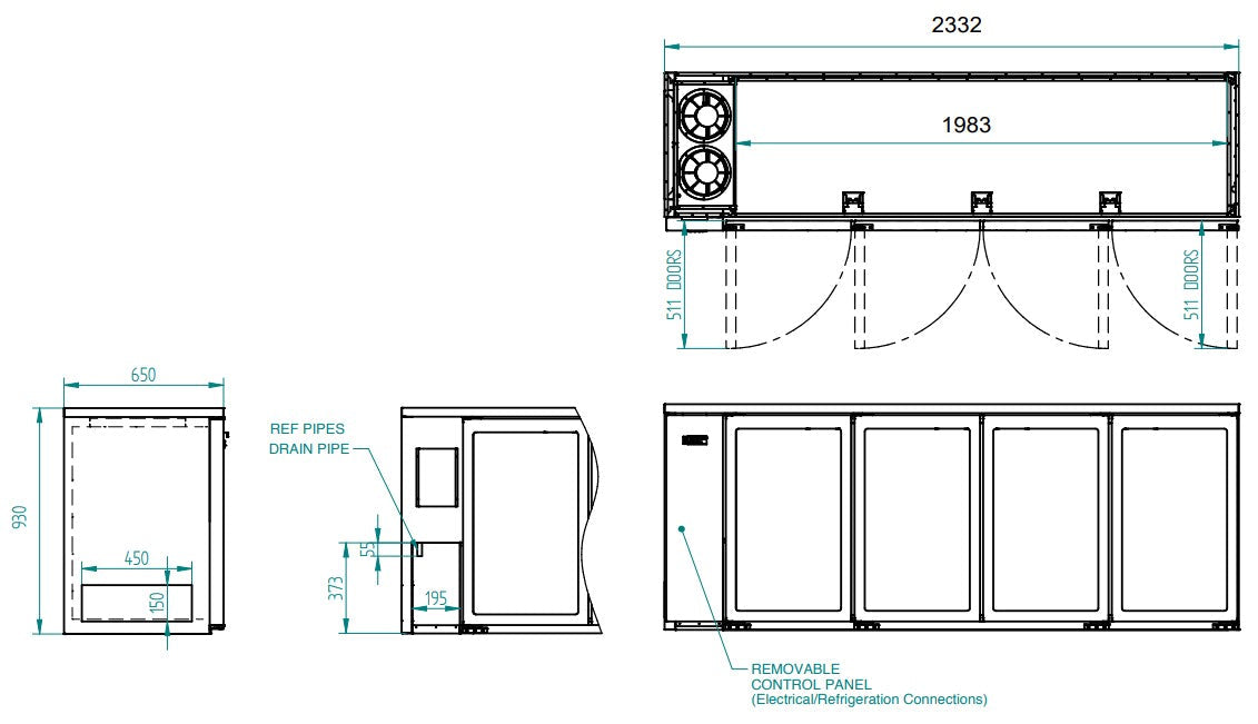 Williams Cameo - Four Door Stainless Steel Remote Back Bar Counter Display Refrigerator