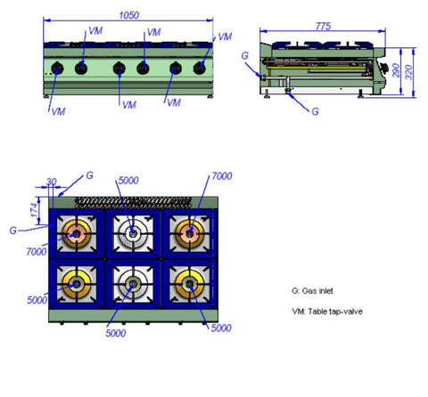 Fagor 700 Series Natural Gas 6 Burner Ss Boiling Top CG7-60H