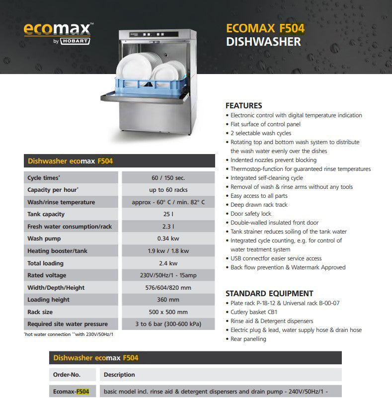 Hobart Ecomax Undercounter Glass & Dish Washer - 504