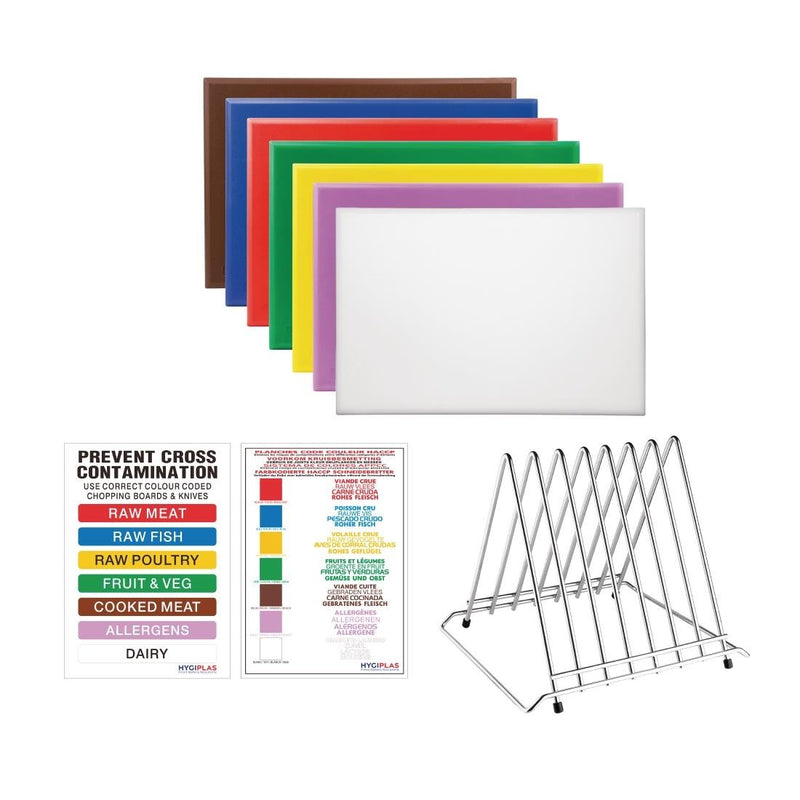 Hygiplas High Density Set of 7 Chopping Boards, Steel Rack & Wall Chart - 450x300x20mm