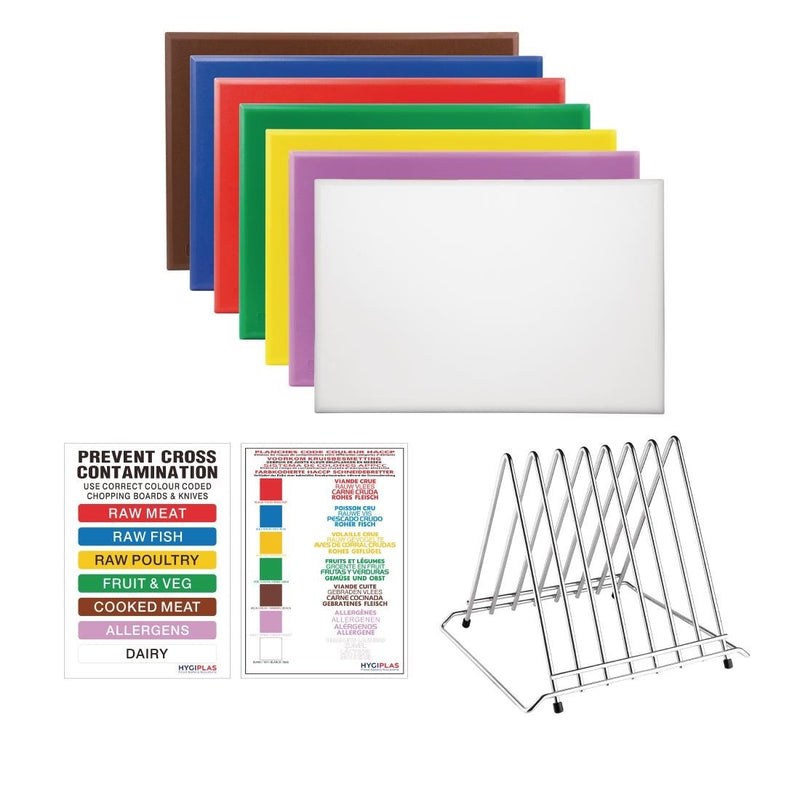 Hygiplas High Density Set of 7 Chopping Boards, Steel Rack & Wall Chart - 600x450x25mm