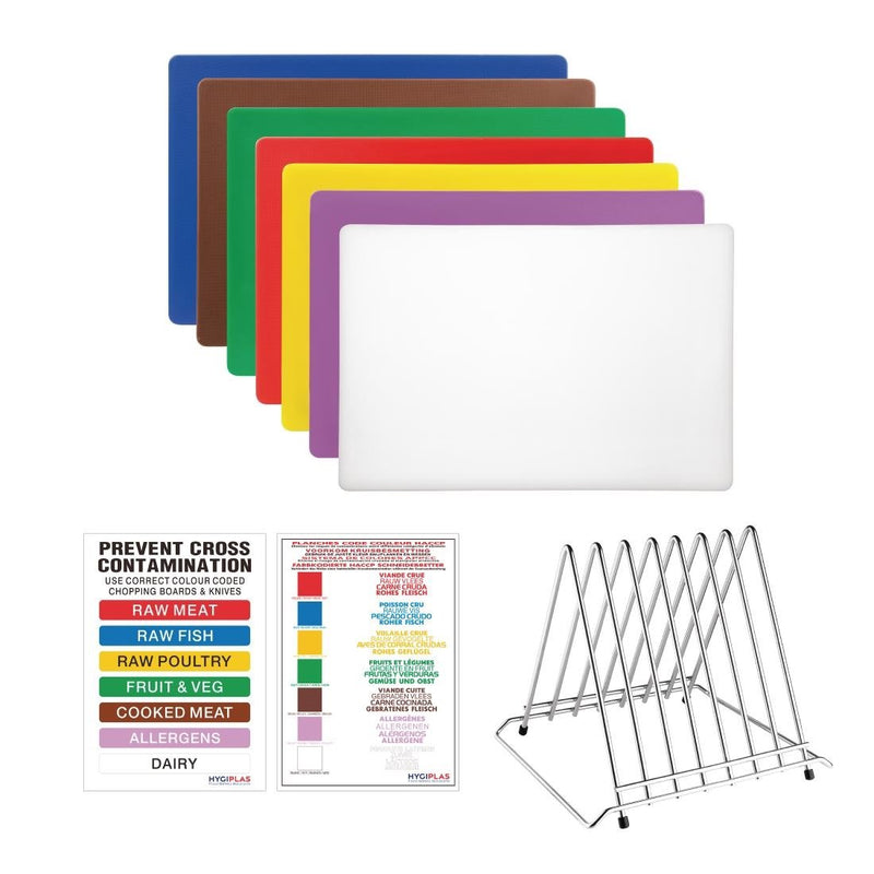 Hygiplas Low Density Set of 7 Chopping Boards, Steel Rack & Wall Chart - 300x450x20mm