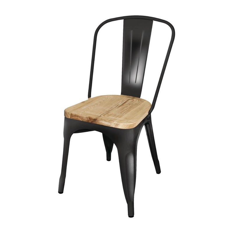 Bolero Steel Dining Side Chairs with Wooden Seat pads Black (Pack of 4)