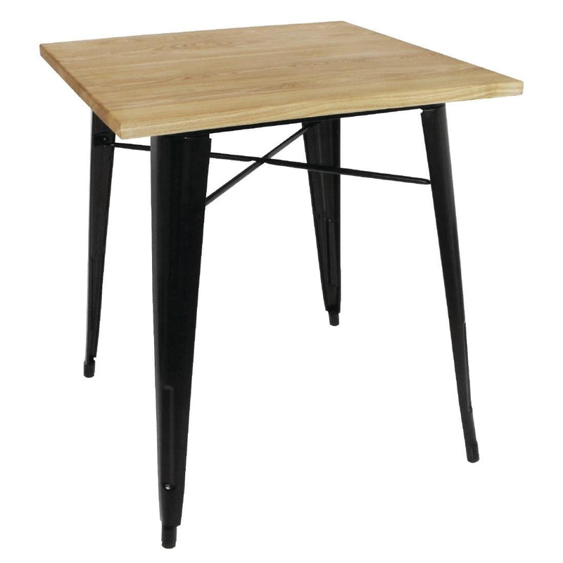 Bolero Black Square Steel Bistro Table with Wooden Top 700mm