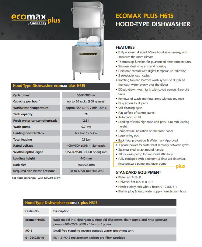 Hobart Ecomaxplus Hood Dishwasher - H615