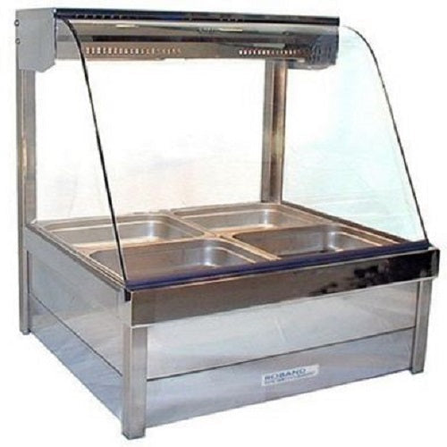Roband Curved Glass Hot Food Display Bar, 4 pans double row with roller doors