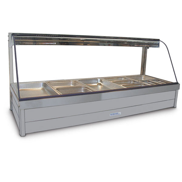 Roband Curved Glass Hot Food Display Bar, 10 pans double row with roller doors