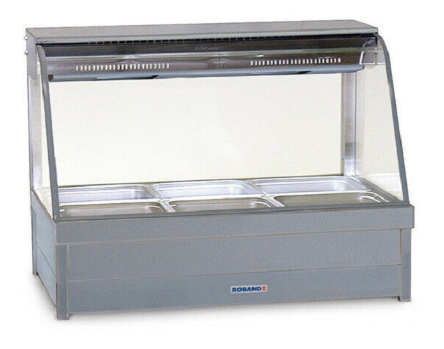 Roband Curved Glass Hot Food Display Bar, 6 pans double row with roller doors
