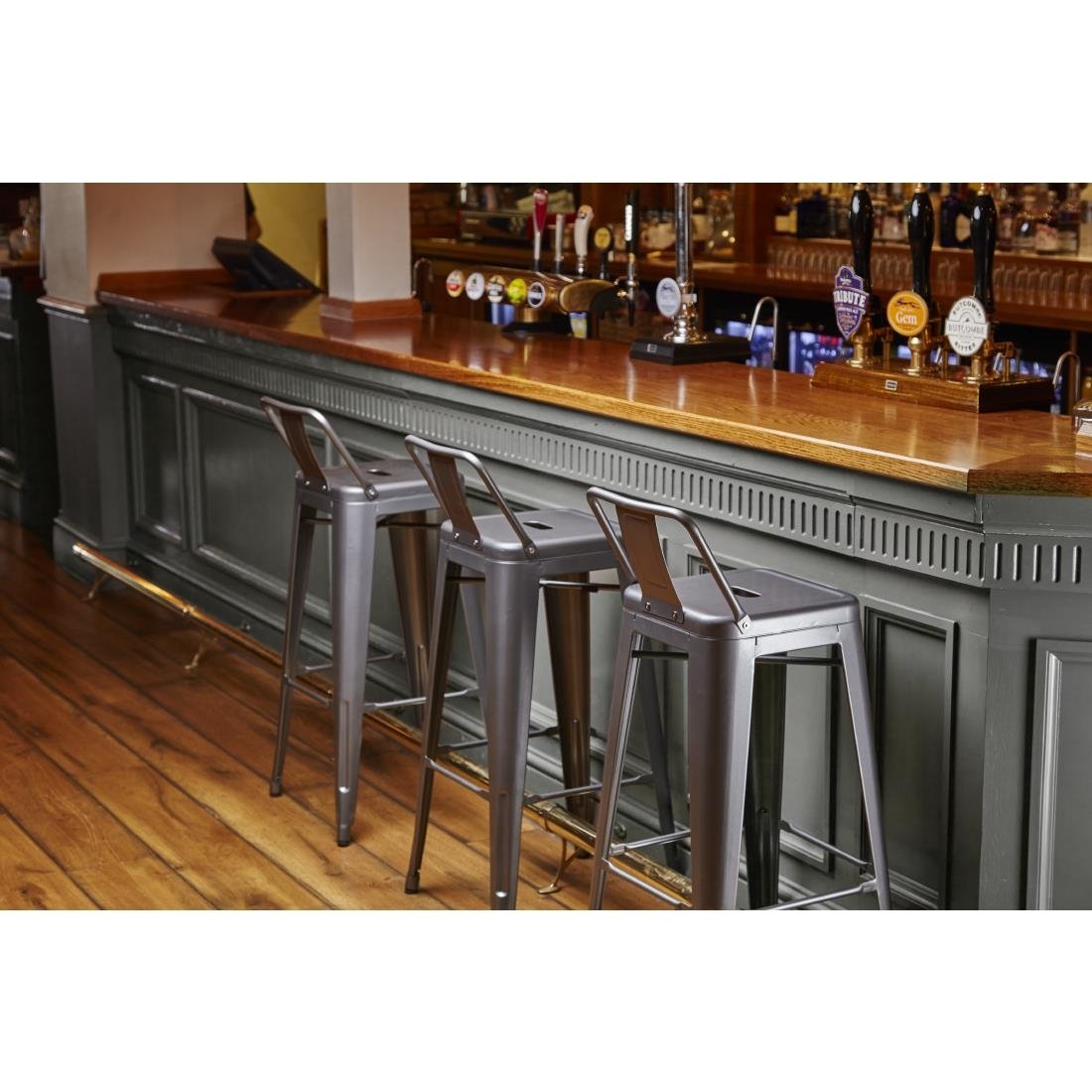 Bolero High Metal Bar Stools with Back Rests Gun Metal Grey (Pack of 4)